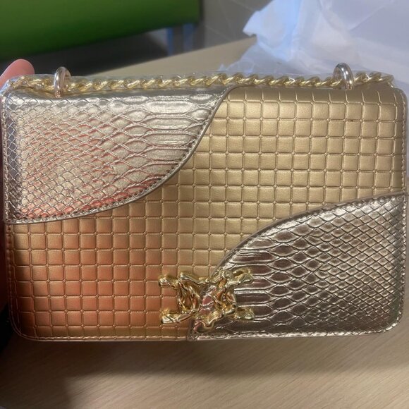 Neiman Marcus Gold Reptile Horsebit Satchel Handbag - Picture 2 of 4